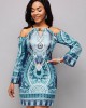 Long Sleeve Bib Neck Tribal Print Bodycon Dress