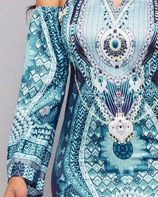 Long Sleeve Bib Neck Tribal Print Bodycon Dress