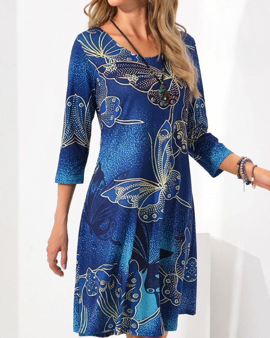 Butterfly Print 3/4 Sleeve Blue Dress