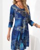 Butterfly Print 3/4 Sleeve Blue Dress