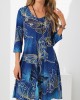 Butterfly Print 3/4 Sleeve Blue Dress