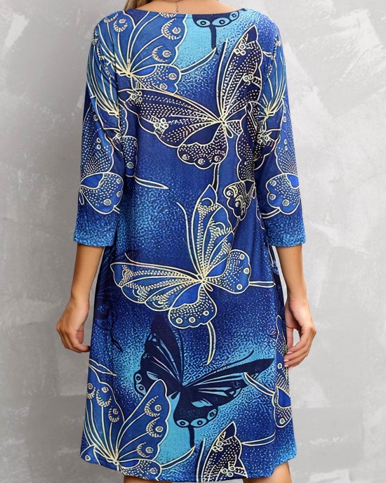 Butterfly Print 3/4 Sleeve Blue Dress