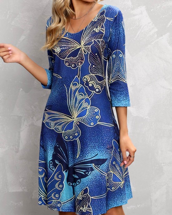 Butterfly Print 3/4 Sleeve Blue Dress