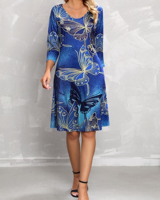 Butterfly Print 3/4 Sleeve Blue Dress