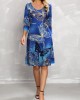 Butterfly Print 3/4 Sleeve Blue Dress