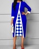 Checkered Print 3/4 Sleeve Royal Blue Dress