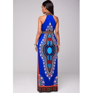 Belted Dashiki Print Bib Neck Maxi Dress