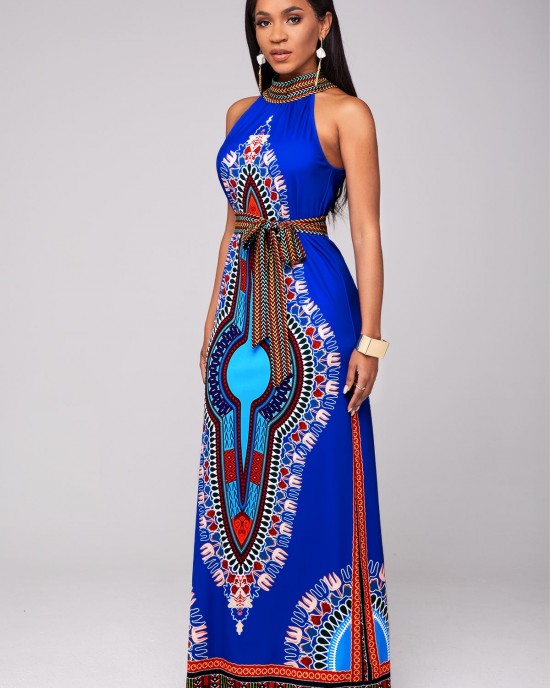 Belted Dashiki Print Bib Neck Maxi Dress