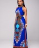 Belted Dashiki Print Bib Neck Maxi Dress