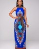 Belted Dashiki Print Bib Neck Maxi Dress