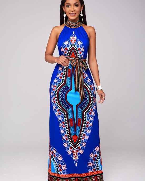 Belted Dashiki Print Bib Neck Maxi Dress