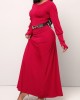 Wine Red Round Neck Long Sleeve Maxi Dress