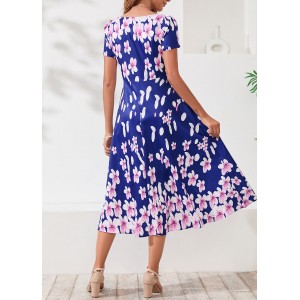 Floral Print Square Collar Navy Blue Dress