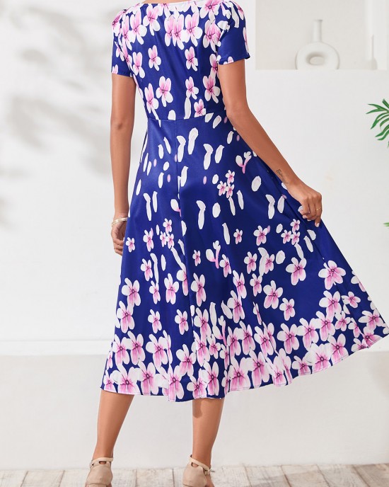 Floral Print Square Collar Navy Blue Dress