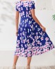 Floral Print Square Collar Navy Blue Dress