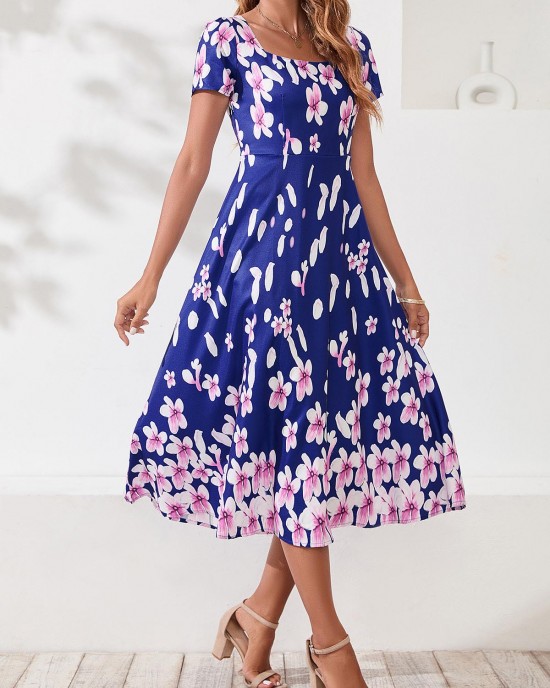 Floral Print Square Collar Navy Blue Dress