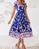 Floral Print Square Collar Navy Blue Dress