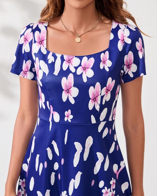 Floral Print Square Collar Navy Blue Dress