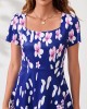 Floral Print Square Collar Navy Blue Dress