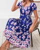 Floral Print Square Collar Navy Blue Dress