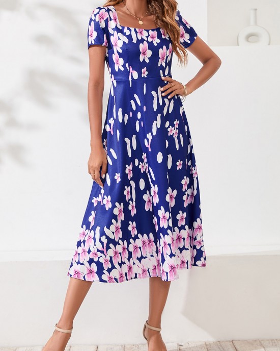 Floral Print Square Collar Navy Blue Dress