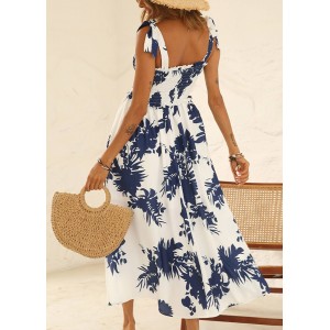 Smocked Blue Plant Print Sleeveless Dress