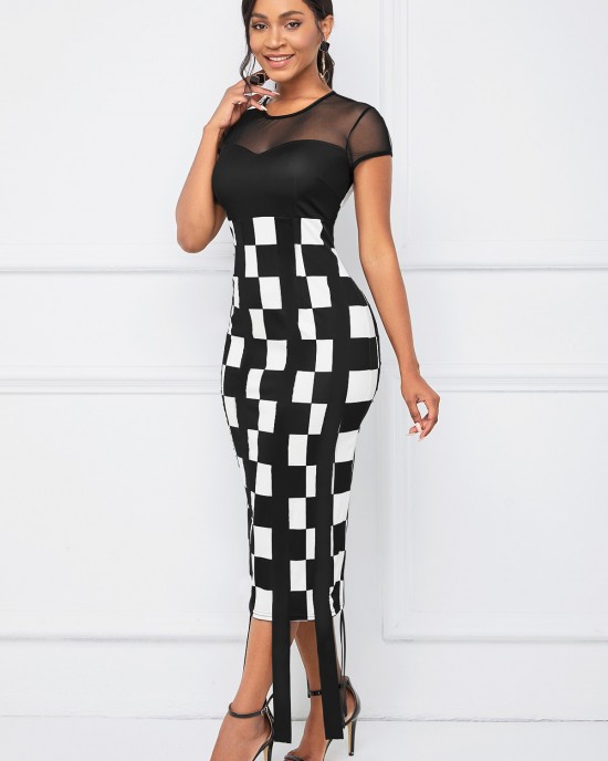 Round Neck Mesh Stitching Plaid Dress