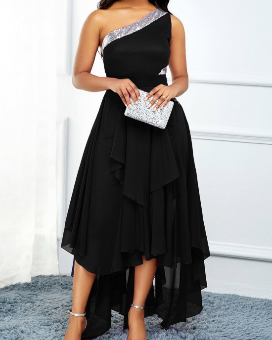 High Waist Asymmetric Hem One Shoulder Dress