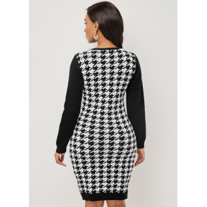 Color Block Houndstooth Print Long Sleeve Sweater Dress