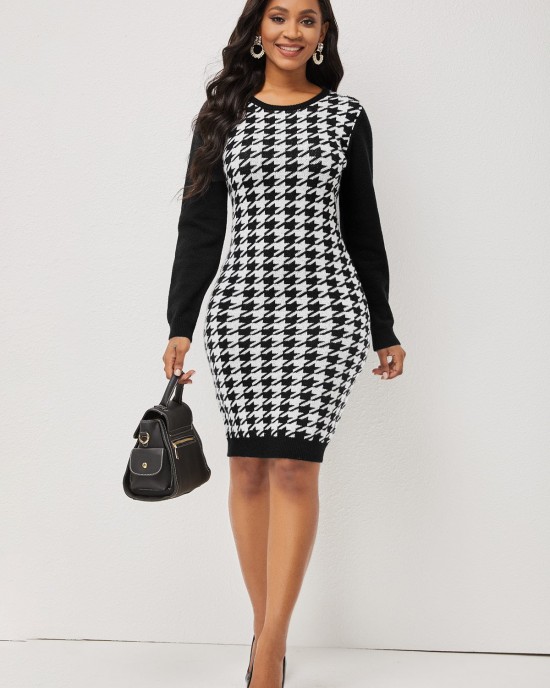 Color Block Houndstooth Print Long Sleeve Sweater Dress