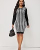 Color Block Houndstooth Print Long Sleeve Sweater Dress