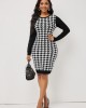 Color Block Houndstooth Print Long Sleeve Sweater Dress