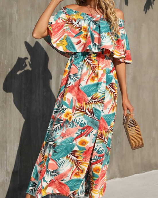 Multi Color Tropical Print Off Shoulder Dress