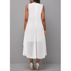 White Hollow Embroidered Round Neck Sleeveless Dress