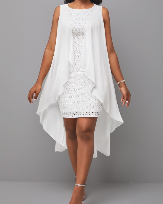 White Hollow Embroidered Round Neck Sleeveless Dress