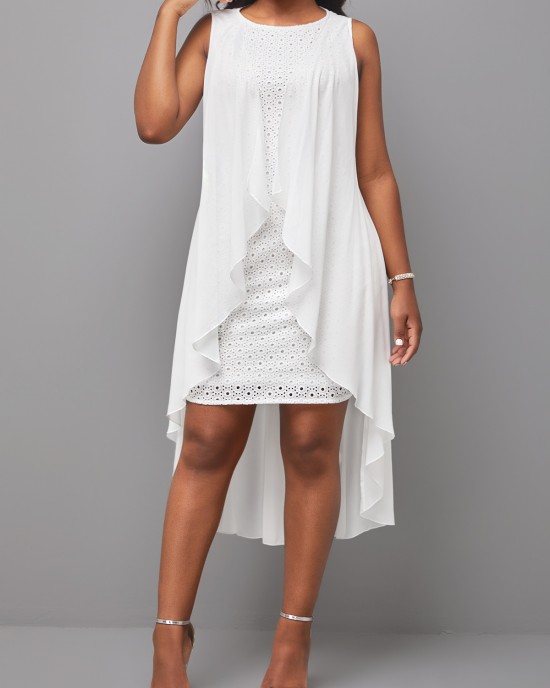 White Hollow Embroidered Round Neck Sleeveless Dress