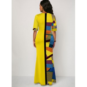 Half Sleeve Geometric Print Yellow Slit Dress