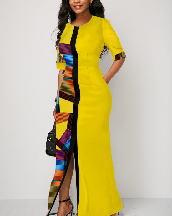 Half Sleeve Geometric Print Yellow Slit Dress