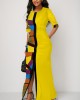 Half Sleeve Geometric Print Yellow Slit Dress