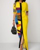 Half Sleeve Geometric Print Yellow Slit Dress