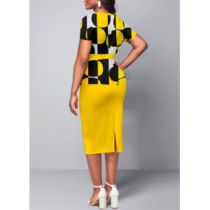 Geometric Print Round Neck Yellow Short Sleeve Dress