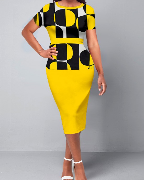 Geometric Print Round Neck Yellow Short Sleeve Dress