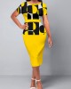 Geometric Print Round Neck Yellow Short Sleeve Dress