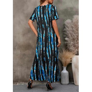 Blue Striped Double Side Pockets V Neck Dress