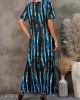 Blue Striped Double Side Pockets V Neck Dress