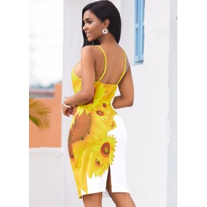 Back Slit Sunflower Print Spaghetti Strap Dress