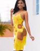 Back Slit Sunflower Print Spaghetti Strap Dress