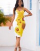 Back Slit Sunflower Print Spaghetti Strap Dress