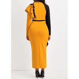 Contrast Color Ruffle Yellow Bodycon Dress