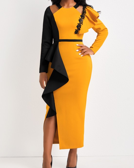 Contrast Color Ruffle Yellow Bodycon Dress